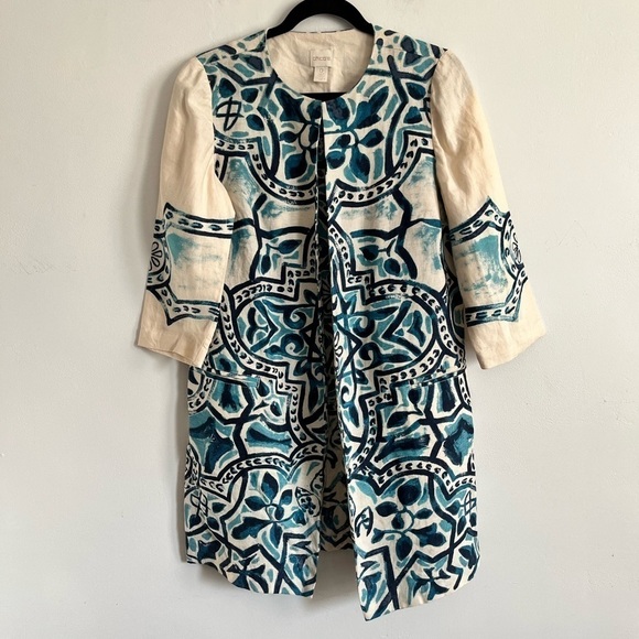 Chico’s S Batik Watercolor Artisan Printed Linen Boho Jacket Size 0 US Size 4 - Picture 4 of 12